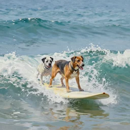 android dogs on surfboards surfing on waves in the ocean, oil painting