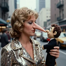 1970 woman on tv show with a long prosthetic snout nose, big nostrils, wearing sequins in the city 1970 color archival footage color film 16mmwith hand puppet Fellini Almodovar John Waters Russ Meyer Doris Wishman