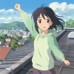 anime film visual of a young black haired girl wearing hoodie sightseeing standing on tower rooftop, cute face by ilya kuvshinov, makoto shinkai, kyoto animation, dynamic perspective and pose, detailed eyes, less nose, crisp and sharp cel shade