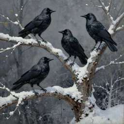 featherless crows in a snow covered tree, painting, dark fantasy