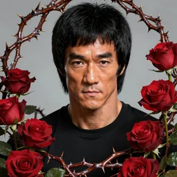 beautiful bruce lee surrounded by thorns and roses, attractive face, photo by alexey gurylev, high detail, clear focus, concept art, league of legends, shumolly style, monable, artgerm, greg rutkowski, zeronis, pilen and ruan jia