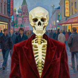 realistic detailed portrait painting of a single glowing skeleton wearing crimson velvet blazer in a crowded futuristic moscow street by denis villenueve, amano, yves tanguy, alphonse mucha, ernst haeckel, ilya repin, edward robert hughes, andrei tarkovsky, roger dean, rich moody colours, closeup