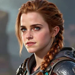 emma watson as aloy from horizon zero dawn in the style of artgerm, wlop, digital art, close-up, insanly detailed