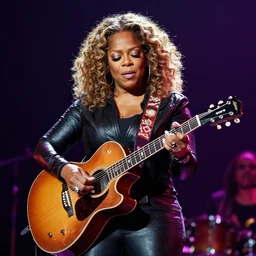publicity photo still of oprah winfrey shredding guitar with every time i die live on stage, 8 k, live concert lighting, mid shot