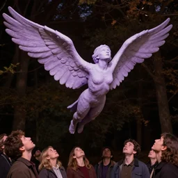 A beautiful kinetic sculpture of a winged creature, possibly an angel, flying high above a group of people in a dark, wooded area. The creature's wings are spread wide and its head is turned upwards, as if it is looking towards the sky. The people below are looking up at the creature with a mixture of awe and fear. light violet by Jessica Rossier, by Beeple exciting, earthy