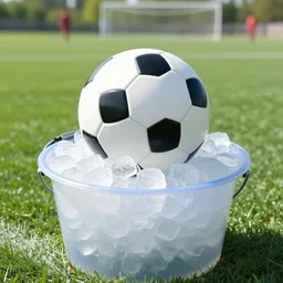 a photo of a soccer game but the ball is a bucket of ice
