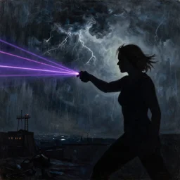 silhouette of Elle Fanning dodging laser beams, stormy weather, extremely detailed masterpiece, oil on canvas, low-key neon lighting, artstation, Blade Runner 2049, Roger Deakin’s cinematography, by J. C. Leyendecker and Peter Paul Rubens,