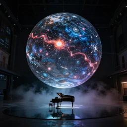 large scale art installation. generative visuals about space projected on single big suspended sphere inside giant and dark printworks london venue. big mirror floor reflect sphere and piano. live music piano concert. stage design. fog, hazer and light in dark