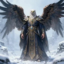a majestic male human eagle hybrid, winged human, ornate robes, winter, snow and ice, pixiv, by Artgerm, 8k matte painting