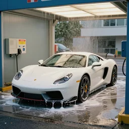 a very high resolution image from a new movie. automatic carwash washing a single sportive car. 2 4 mm, photorealistic, water, automatic, photography, car photography, directed by wes anderson