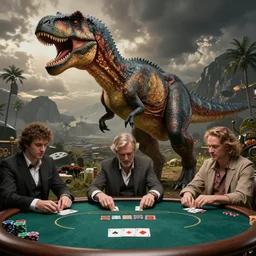 a tyrannosaur cheating at poker, paleo art, realistic, detailled, epic