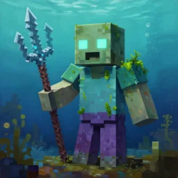 painting by greg rutkowski of a minecraft drowned zombie holding a trident with glowing cyan eyes, wearing ragged clothing and and algae growing on it, holding a trident, underwater