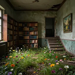 inside abandoned room,floor covered by flowers and grass,book shelves,steps,painting on walls,photo realistic,photo real,cinematic lighting,cinematic composition ,matte painting, concept art, hdri, 4k