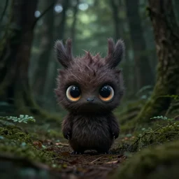in the dark wood forest there is a cute little creature with big cute eyes, 1 0 0 mm