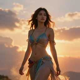 a beautiful female goddess of sunsets character, character is in all its glory, character is centered on the image, character is in her natural relaxed pose, rim lights, particles and dust in the air, fancy clouds, highly detailed professional photo, dynamic lights, particles are flying, depth of field, trending on artstation, illustration, hyper realistic, vray caustics, super detailed, colorful accents, cinematic shot