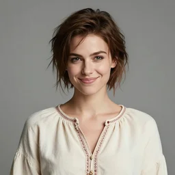 a beautiful woman, beauty, high cheek bones, half onesided smile, mischievous, bard, brown hair, messy hairstyle, short hair, cream colored peasant shirt, brown pants, leather boots, dark green cloak, round hood, elf ears, youthful, white background, proportionate, by j.c. leyendecker, single face, trending on artstation, realistic, highly detailed, masterpiece