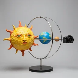 a kinetic sculpture of this solar system, sun, orrery, canon 5 d 5 0 mm lens, papier - mache, studio, circa 2 0 2 5