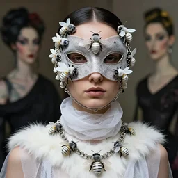 a futuristic portrait by mask made of wires and white bees, white fur necklace made by gauzes twisted around neck, design by leonardo davinci, inspired by egon schiele, balenciaga, modern art, baroque art jewelry, new classic, fashion design, photorealistic, hyper realistic, cinematic composition, cinematic lighting, fashion design, concept art, 8 k