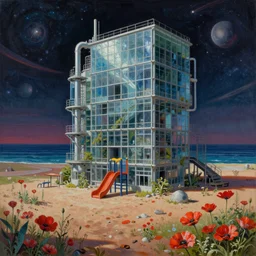 a beautiful ultradetailed painting of city playground abandoned industrial architecture building architecture by edward hopper, tokyo atlantis nature made of glass fisheye biopunk at night desert poppy reclaimed by nature saturn infrared at dusk sea lightpaint vaporwave elysian junglepunk tron cosmic, archdaily, wallpaper, highly detailed, trending on artstation.