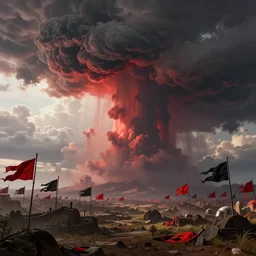 concept art of naboo from star wars, building full of red and black flags, cumulonimbus clouds, very very beautiful art.