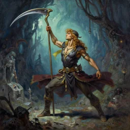 A scythe dancer is exploring the grimdarkest dungeon depths. trending on Pixiv. trending on ArtStation. A vibrant painting. A highly detailed fantasy character illustration by Wayne Reynolds and Charles Monet and Gustave Dore and Carl Critchlow