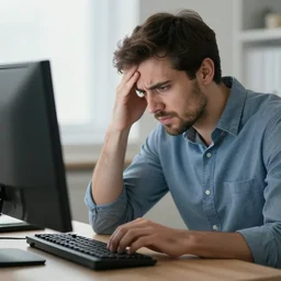 Frustrated man at a computer, photo, detailed, 4k