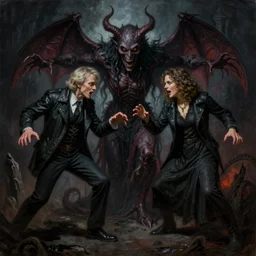 portrait painting of ed and lorraine warren possessed by demons battle the creature from the film malignant and astaroth, sharp focus, full figure action shot, award - winning, dark fantasy, eerie, the occult, satanic, trending on artstation, masterpiece, highly detailed, intricate. art by josan gonzales and moebius and deathburger
