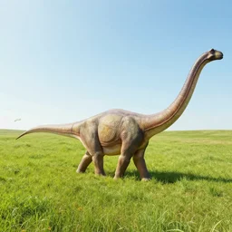 a diplodocus lazily walking through a meadow enjoying the summer sun
