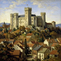 village with castle gormenghast in background by vittore carpaccio clean classical buildings sharp oil painting,