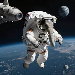 elephant astronaut flying in space, background spaceship