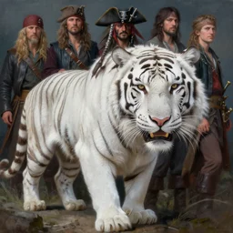 a detailed and accurate masterpiece painting of a pirate white tiger, white hair dreads by tyler edlin, noah bradley, john j. park, jordan grimmer trending on artstation