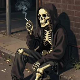 a skeleton in a hoodie sitting on the street smoking a cigarette at night, painting artstation