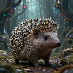 intricate hedgehog with metal nails instead of needles, on the background of a weird magical mechanical forest. Very detailed 8k. Fantasy cyberpunk horror. Sharp. Cinematic post-processing. Unreal engine. Nanite. Ray tracing. Parallax. Tessellation