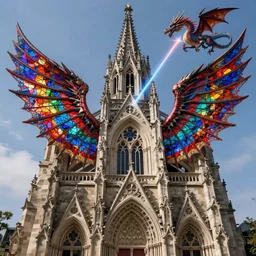 outside exterior view flying stain glass wings gothic stone cathedral lens dragon in the sky, shooting a laser, artstation, cinematic, concept art, 8k, Pinterest, cgsociety, hyper detailed, ultra realistic, illustration, epic, high resolution, post processing, high quality,