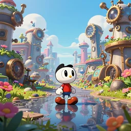 technologic city with flowers on a steampunk land in the cuphead art style, smooth, cinematic, wet reflections, ray tracing x, rtx, smooth