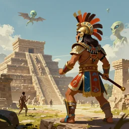 A fierce Aztec warrior watches aliens landing at an Aztec temple. epic sci-fi fantasy artwork by Sylvain Lorgeou. Trending on artstation