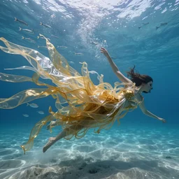 a woman's body is pulled apart into thousands of thin ribbons of translucent gold and silver fabric in an underwater landscape, school of silver fish in the distance, swift underwater current, blue water, sandy seafloor, caustics lighting from above, highly detailed, fantasy, octane render