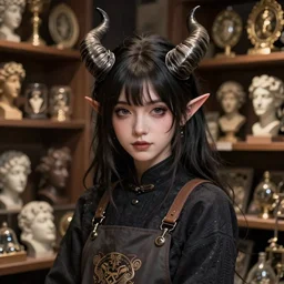 portrait, a beautiful demoness shopkeeper in her curio store, dramatic lighting, cute geeky appearence, highly detailed face, dark horns, donato giancola, jc leyendecker, artemisia gentileschi, smooth, intricate, highly detailed, high fantasy