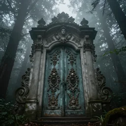 baroque ornate large door in the forest : : rising from the fog, low angle, wide lens mysterious, stopped in time, atmospheric, ominous, eerie, cinematic, epic, 8 k, 4 k, ultra detail, ultra realistic, rendered by awesomeness