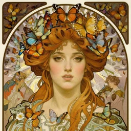realistic detailed face portrait of young beautiful fairy tale Queen Marie Antoinette with a halo of butterflies by Alphonse Mucha, Ayami Kojima, Yoshitaka Amano, Charlie Bowater, Karol Bak, Greg Hildebrandt, Jean Delville, and Mark Brooks, Art Nouveau, Pre-Raphaelite, Neo-Gothic, gothic, Art Nouveau, intricate fine details, whimsical, exquisite, rich deep moody colors, beautiful detailed background