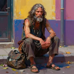 vibrant tetrad colours, painted whole body image of rugged homeless woman begging in the street by ruan jia greg rutkowski, uncempt beard and hair, clear face muscular masculine manly mature powerful sensual handsome hobo homeless fantasy intricate elegant detailed digital painting, concept art artstation sharp focus illustration