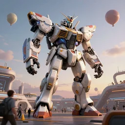 a beautiful hyperrealistic ultradetailed 3 d render of a gigantic mecha guarding a sci - fi spaceport, by vincent di fate : 3, mech, unreal engine, octane render, gigantic, unreal engine, octane render, 3 d, brilliantly coloured, intricate, ultra wide angle, trending on artstation, dusk, volumetric lighting, hdr, polished, micro details, ray tracing, 8 k : 2, people, sphere, balloon, blurry, blur, depth of field, dof, bokeh, obscured, macro : - 1
