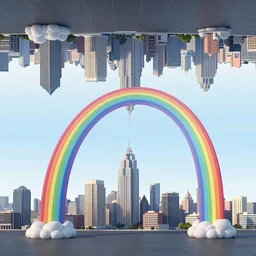 a city upside down in the sky, connected with rainbows with the floor. Trending on artstation. Rendered in octane. 4k. In the style of craig mullins and Beeple.