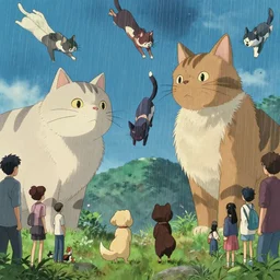 giant cats and dogs are falling from the sky like rain, bystanders watching from the sides, 4 k, by miyazaki, monokubo, artstation,