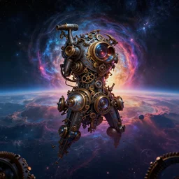 a collision of dimensions at the horizon, celestial asthetics, colorful, dramatic lighting, de-noise, ultra realism, dark fantasy mixed with steampunk, 8k