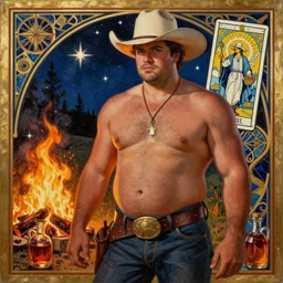 a dramatic, epic, ethereal painting of a handsome thicc shirtless cowboy with a beer belly wearing a large belt and cowboy hat | background is a late night campfire with food and jugs of whisky | homoerotic | fire, flames, stars, tarot!! card, art deco, art nouveau, mosaic, intricate | by Mark Maggiori | trending on artstation