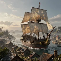 knights dismounting off their sailing attackship to invade a moderate sized village, dusk, cinematic, concept art, slight fog, high detail, wide shot, dynamic lighting, sharp focus, high resolution
