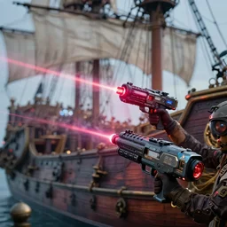 action photography of high technology laser guns mounted on a pirate ship, dieselpunk, fast shutter speed, high speed, action photo, 1/1000 sec shutter