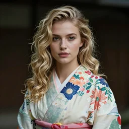 stunning, breathtaking, awe - inspiring award - winning portrait of an attractive young white woman with wavy blonde hair, wearing a colorful yukata, extremely moody lighting, high detail, 8 k
