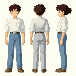 a reference sheet containing three pictures of a t position hero by ghibli studio, front back view and side view, t position proportions, ready to model,